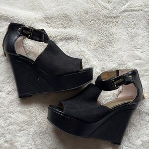 GUESS Black Peep Toe Wedge Heels –Chic Comfort with a Bold Edge Size 5.5